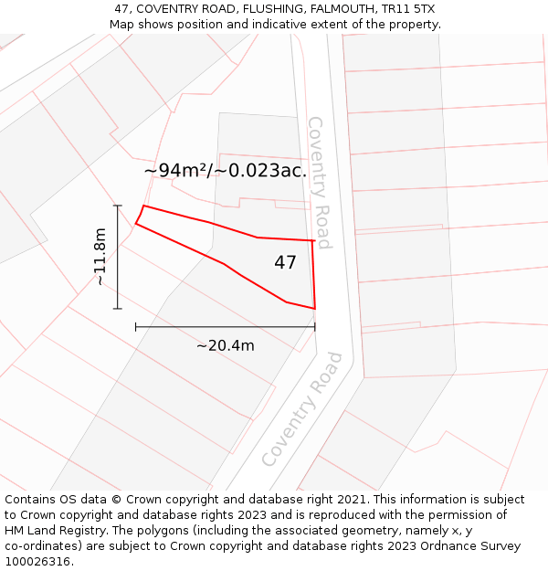 47, COVENTRY ROAD, FLUSHING, FALMOUTH, TR11 5TX: Plot and title map