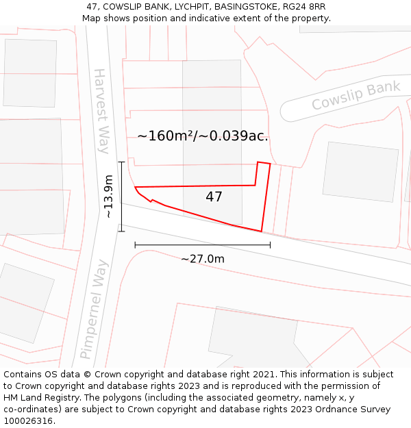 47, COWSLIP BANK, LYCHPIT, BASINGSTOKE, RG24 8RR: Plot and title map