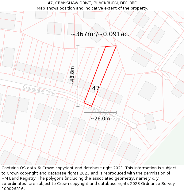 47, CRANSHAW DRIVE, BLACKBURN, BB1 8RE: Plot and title map