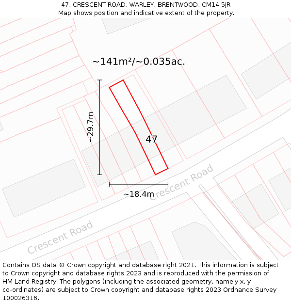 47, CRESCENT ROAD, WARLEY, BRENTWOOD, CM14 5JR: Plot and title map