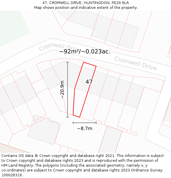 47, CROMWELL DRIVE, HUNTINGDON, PE29 6LA: Plot and title map