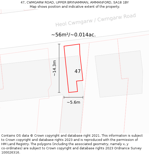 47, CWMGARW ROAD, UPPER BRYNAMMAN, AMMANFORD, SA18 1BY: Plot and title map