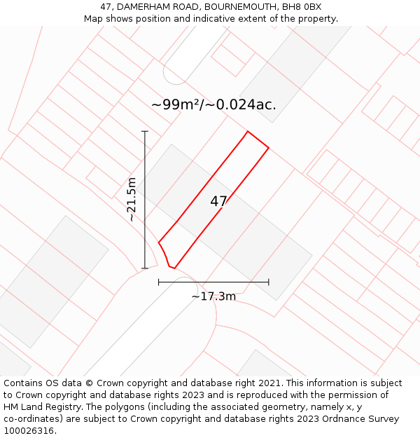 47, DAMERHAM ROAD, BOURNEMOUTH, BH8 0BX: Plot and title map