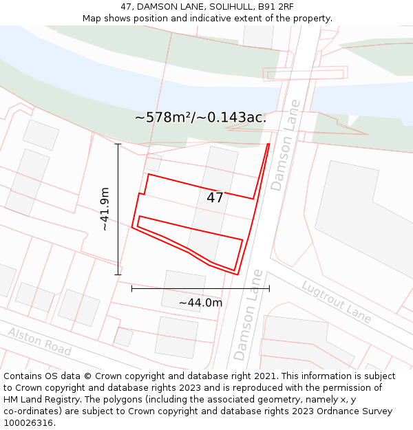 47, DAMSON LANE, SOLIHULL, B91 2RF: Plot and title map