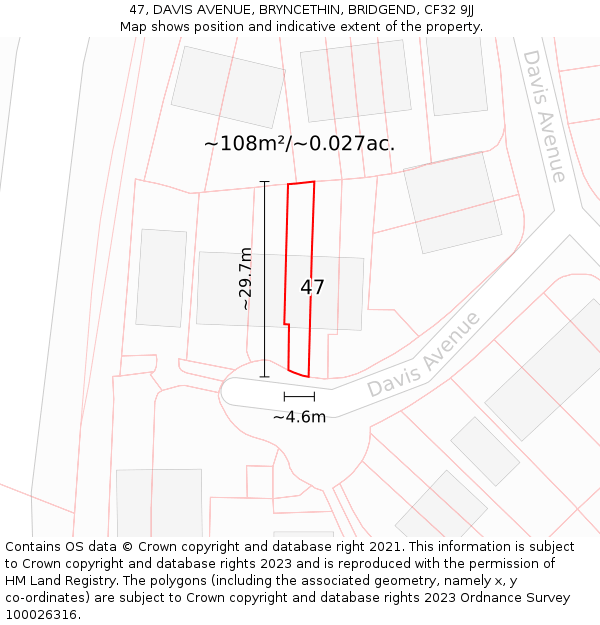 47, DAVIS AVENUE, BRYNCETHIN, BRIDGEND, CF32 9JJ: Plot and title map