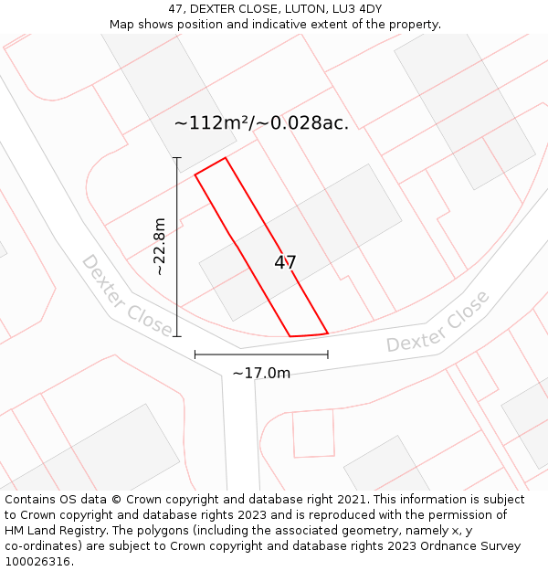 47, DEXTER CLOSE, LUTON, LU3 4DY: Plot and title map