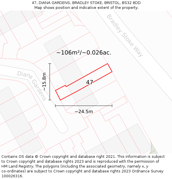 47, DIANA GARDENS, BRADLEY STOKE, BRISTOL, BS32 8DD: Plot and title map