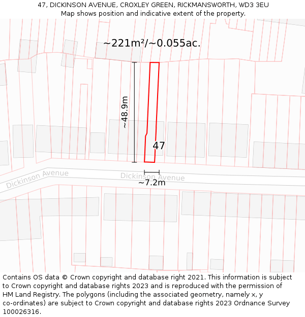 47, DICKINSON AVENUE, CROXLEY GREEN, RICKMANSWORTH, WD3 3EU: Plot and title map