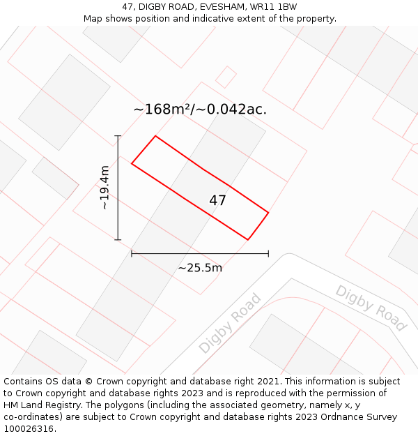 47, DIGBY ROAD, EVESHAM, WR11 1BW: Plot and title map