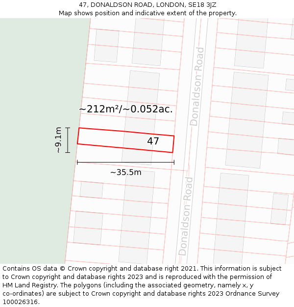 47, DONALDSON ROAD, LONDON, SE18 3JZ: Plot and title map