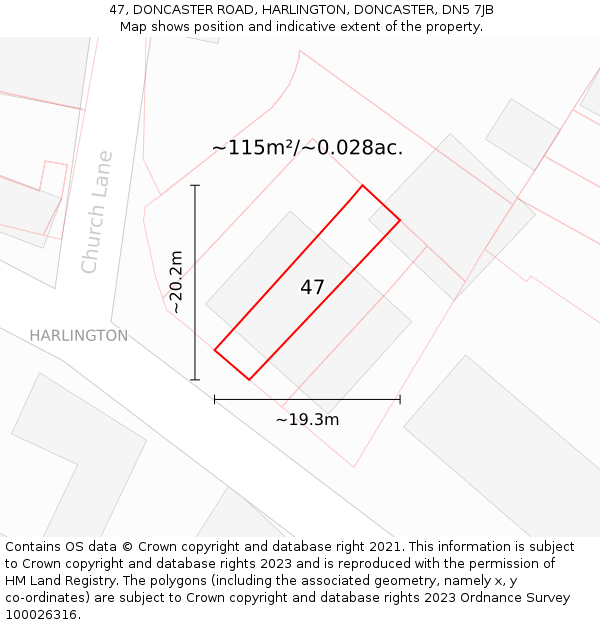 47, DONCASTER ROAD, HARLINGTON, DONCASTER, DN5 7JB: Plot and title map