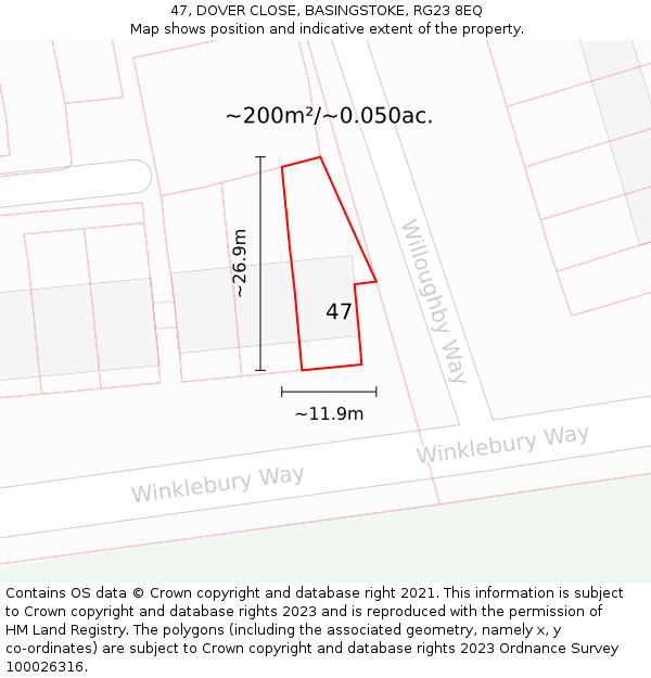 47, DOVER CLOSE, BASINGSTOKE, RG23 8EQ: Plot and title map