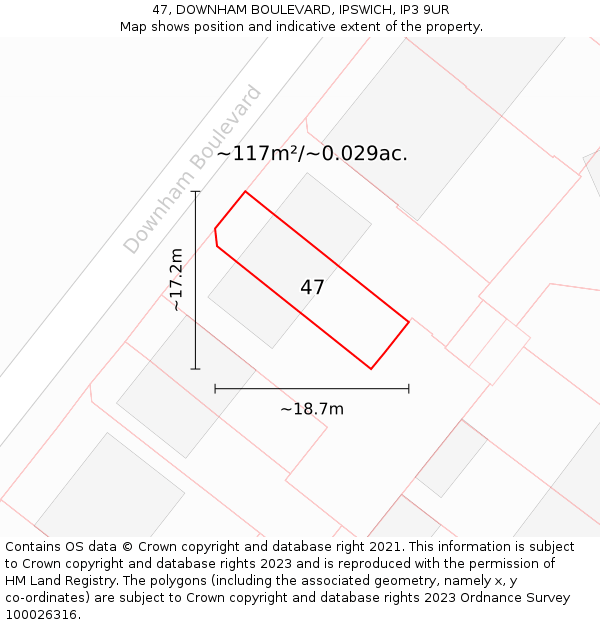 47, DOWNHAM BOULEVARD, IPSWICH, IP3 9UR: Plot and title map