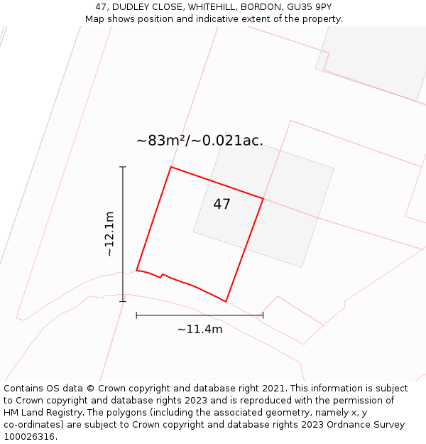 47, DUDLEY CLOSE, WHITEHILL, BORDON, GU35 9PY: Plot and title map