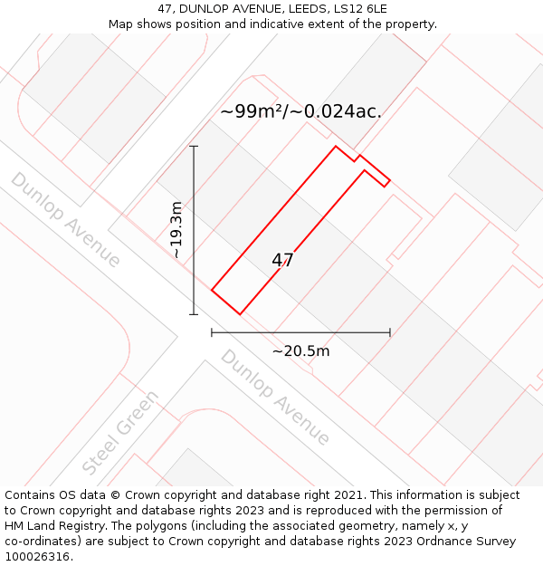 47, DUNLOP AVENUE, LEEDS, LS12 6LE: Plot and title map