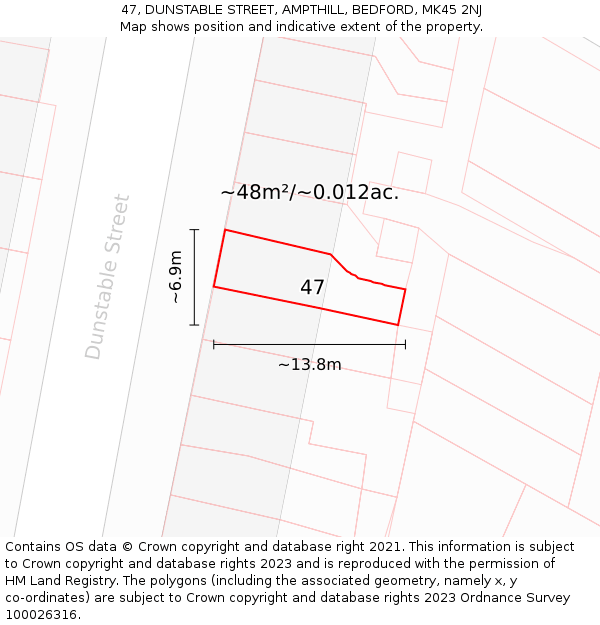 47, DUNSTABLE STREET, AMPTHILL, BEDFORD, MK45 2NJ: Plot and title map