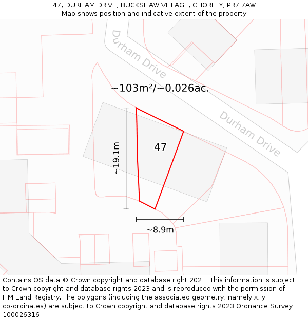 47, DURHAM DRIVE, BUCKSHAW VILLAGE, CHORLEY, PR7 7AW: Plot and title map