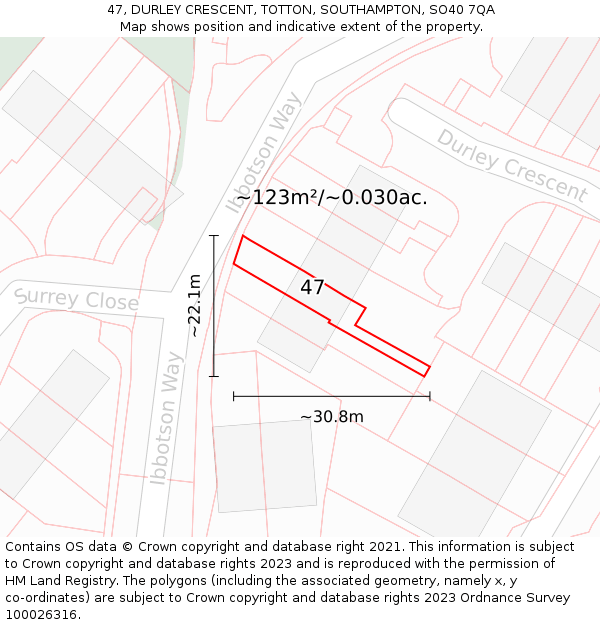 47, DURLEY CRESCENT, TOTTON, SOUTHAMPTON, SO40 7QA: Plot and title map