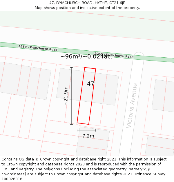 47, DYMCHURCH ROAD, HYTHE, CT21 6JE: Plot and title map