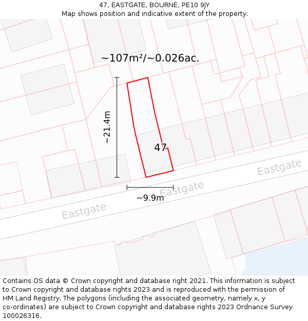 47, EASTGATE, BOURNE, PE10 9JY: Plot and title map