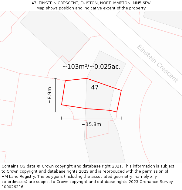 47, EINSTEIN CRESCENT, DUSTON, NORTHAMPTON, NN5 6FW: Plot and title map