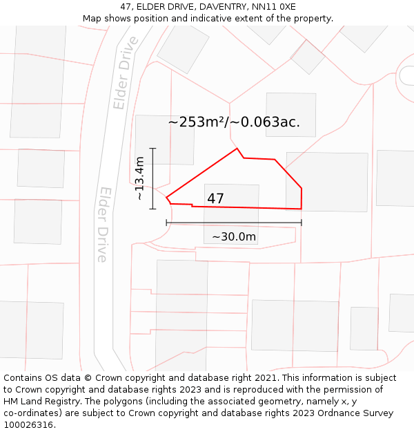 47, ELDER DRIVE, DAVENTRY, NN11 0XE: Plot and title map