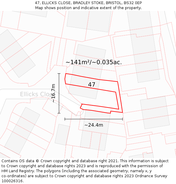 47, ELLICKS CLOSE, BRADLEY STOKE, BRISTOL, BS32 0EP: Plot and title map