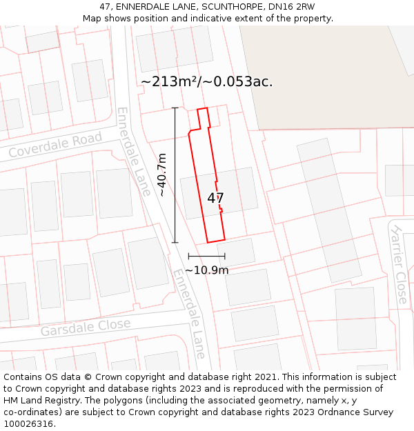47, ENNERDALE LANE, SCUNTHORPE, DN16 2RW: Plot and title map