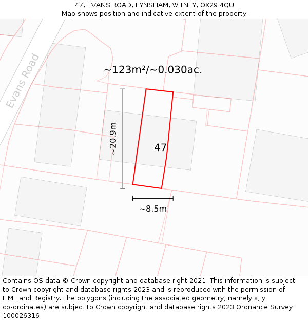 47, EVANS ROAD, EYNSHAM, WITNEY, OX29 4QU: Plot and title map