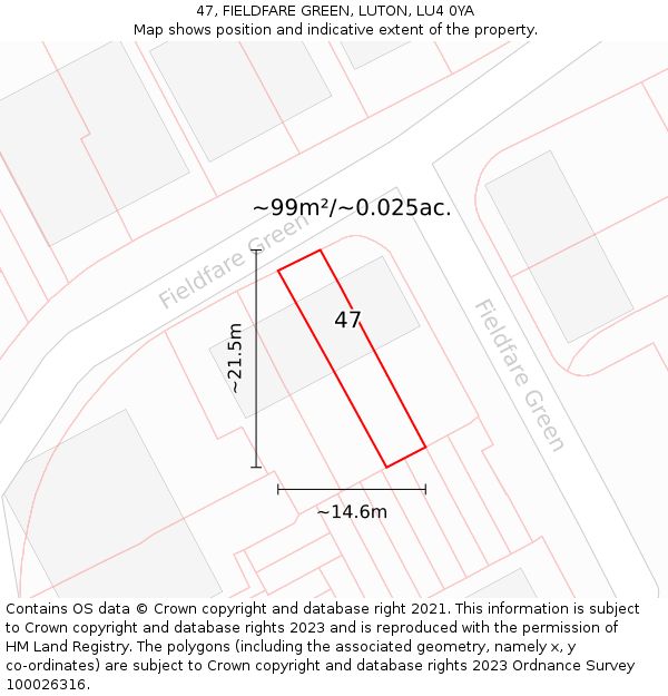 47, FIELDFARE GREEN, LUTON, LU4 0YA: Plot and title map