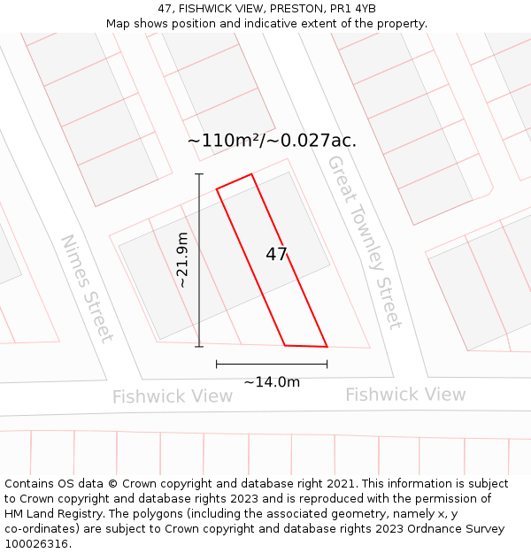 47, FISHWICK VIEW, PRESTON, PR1 4YB: Plot and title map