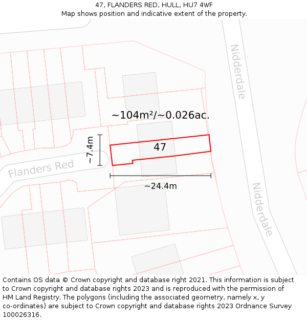 47, FLANDERS RED, HULL, HU7 4WF: Plot and title map