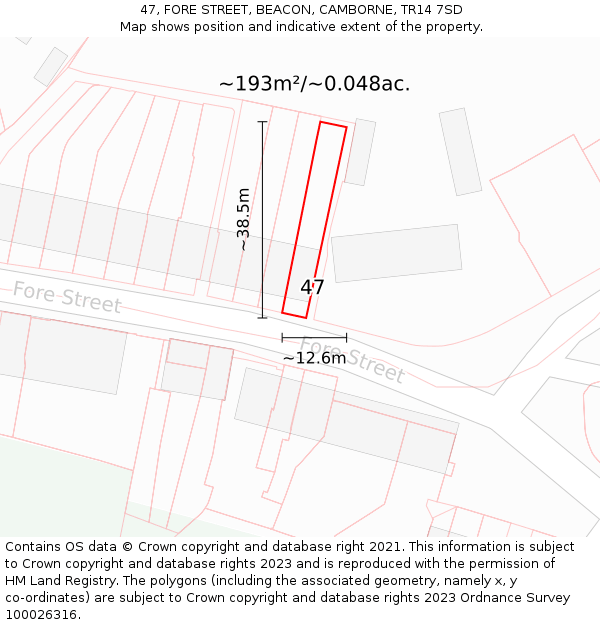 47, FORE STREET, BEACON, CAMBORNE, TR14 7SD: Plot and title map