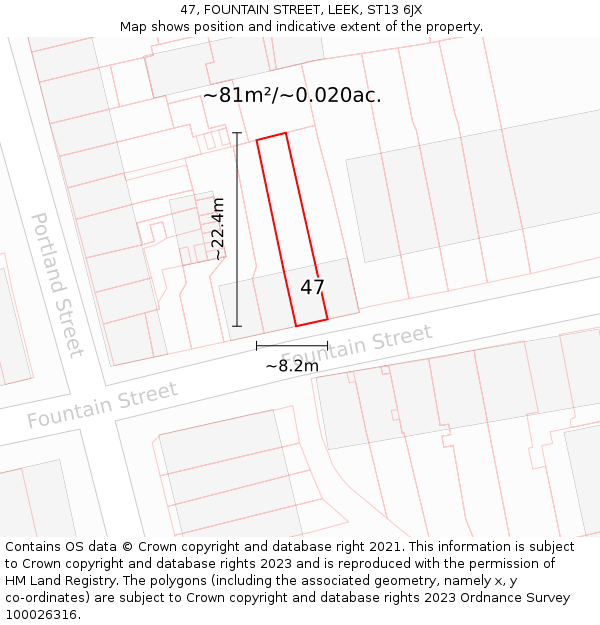 47, FOUNTAIN STREET, LEEK, ST13 6JX: Plot and title map