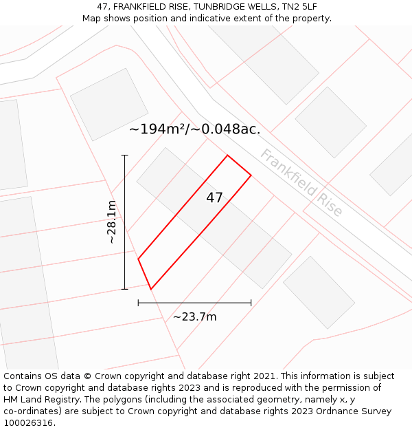 47, FRANKFIELD RISE, TUNBRIDGE WELLS, TN2 5LF: Plot and title map