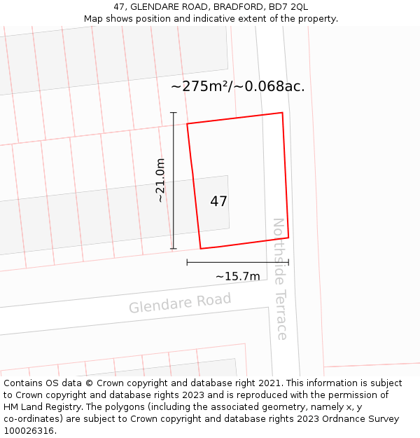 47, GLENDARE ROAD, BRADFORD, BD7 2QL: Plot and title map