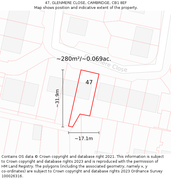 47, GLENMERE CLOSE, CAMBRIDGE, CB1 8EF: Plot and title map