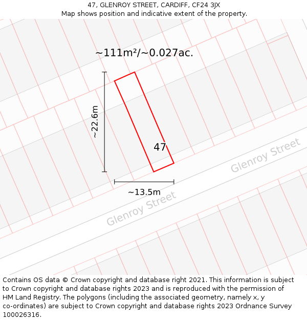 47, GLENROY STREET, CARDIFF, CF24 3JX: Plot and title map