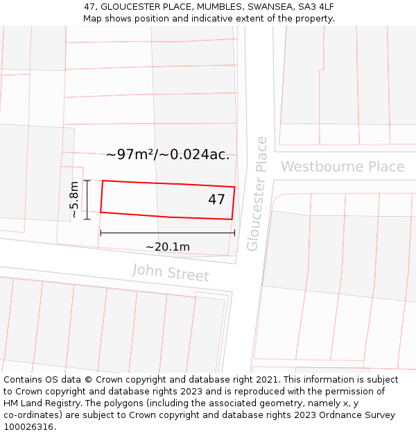47, GLOUCESTER PLACE, MUMBLES, SWANSEA, SA3 4LF: Plot and title map