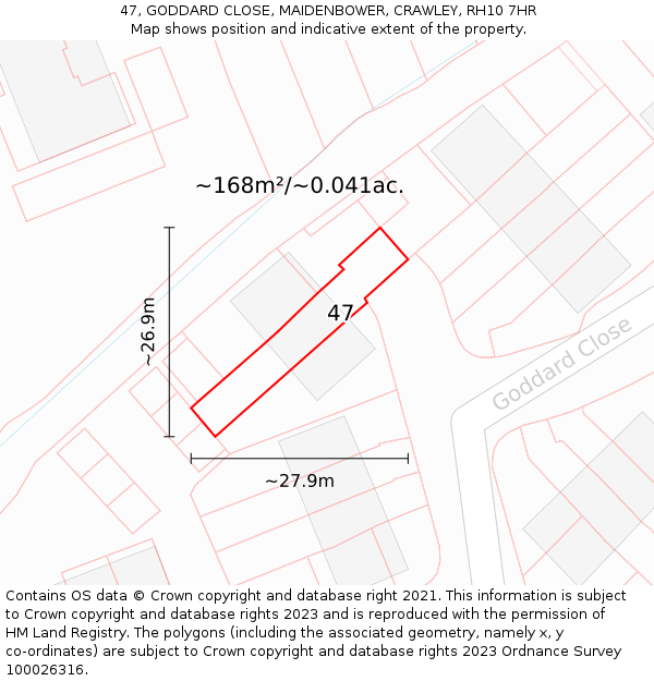 47, GODDARD CLOSE, MAIDENBOWER, CRAWLEY, RH10 7HR: Plot and title map