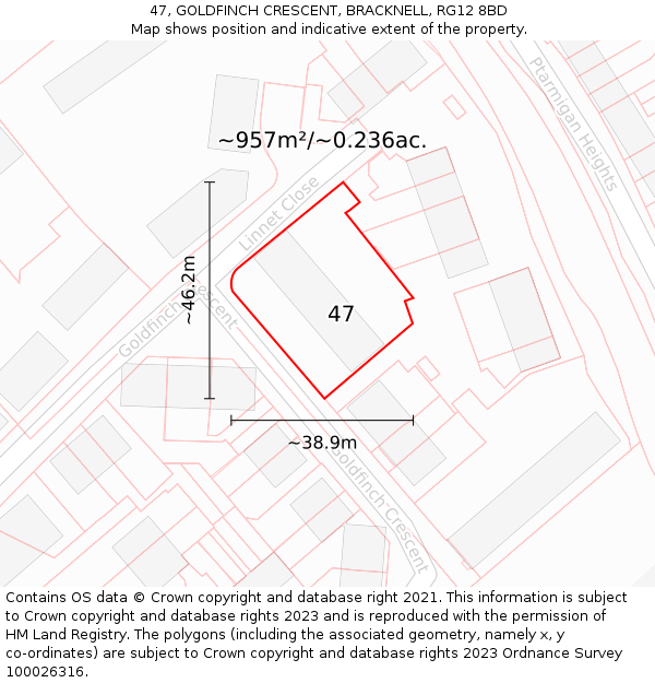 47, GOLDFINCH CRESCENT, BRACKNELL, RG12 8BD: Plot and title map