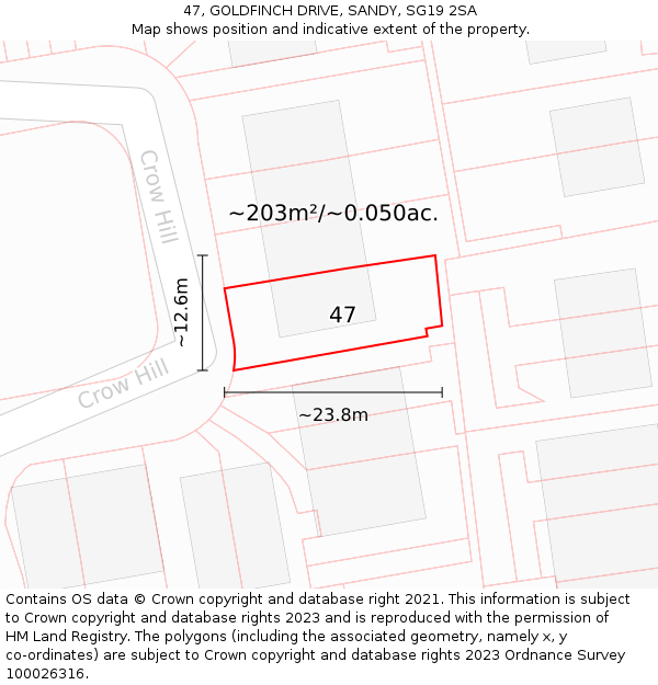 47, GOLDFINCH DRIVE, SANDY, SG19 2SA: Plot and title map