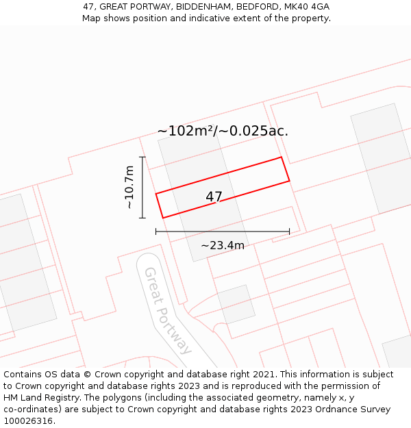 47, GREAT PORTWAY, BIDDENHAM, BEDFORD, MK40 4GA: Plot and title map