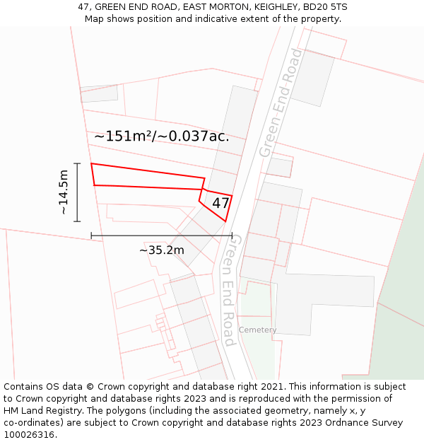 47, GREEN END ROAD, EAST MORTON, KEIGHLEY, BD20 5TS: Plot and title map