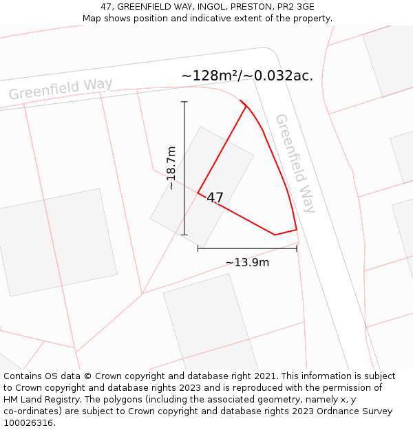 47, GREENFIELD WAY, INGOL, PRESTON, PR2 3GE: Plot and title map