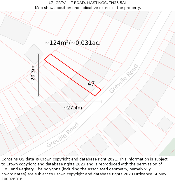 47, GREVILLE ROAD, HASTINGS, TN35 5AL: Plot and title map