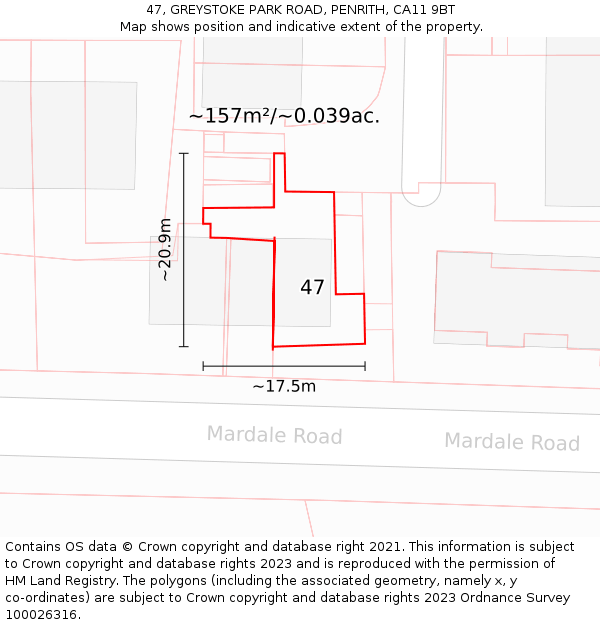 47, GREYSTOKE PARK ROAD, PENRITH, CA11 9BT: Plot and title map