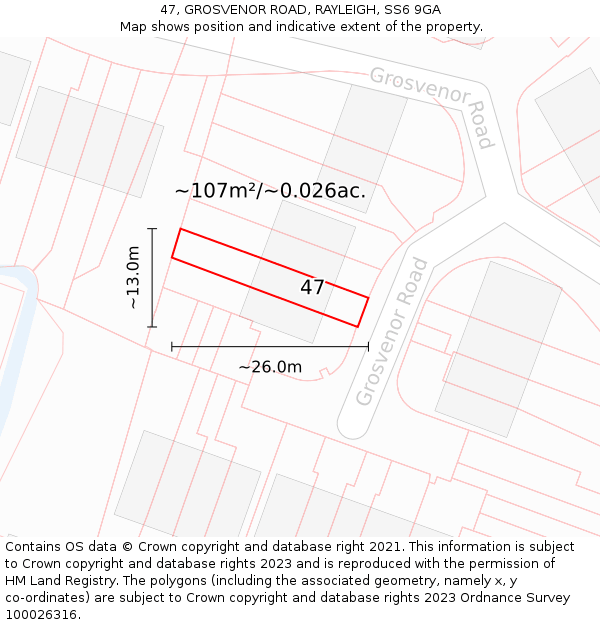 47, GROSVENOR ROAD, RAYLEIGH, SS6 9GA: Plot and title map