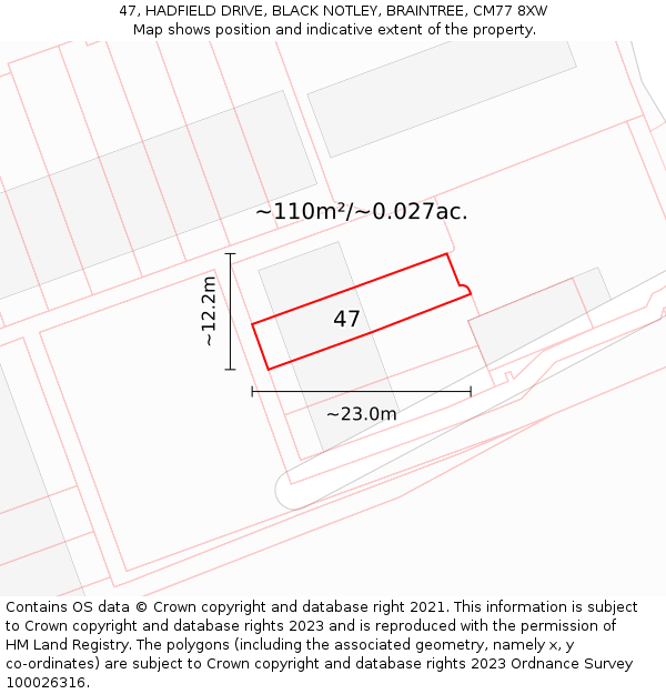 47, HADFIELD DRIVE, BLACK NOTLEY, BRAINTREE, CM77 8XW: Plot and title map