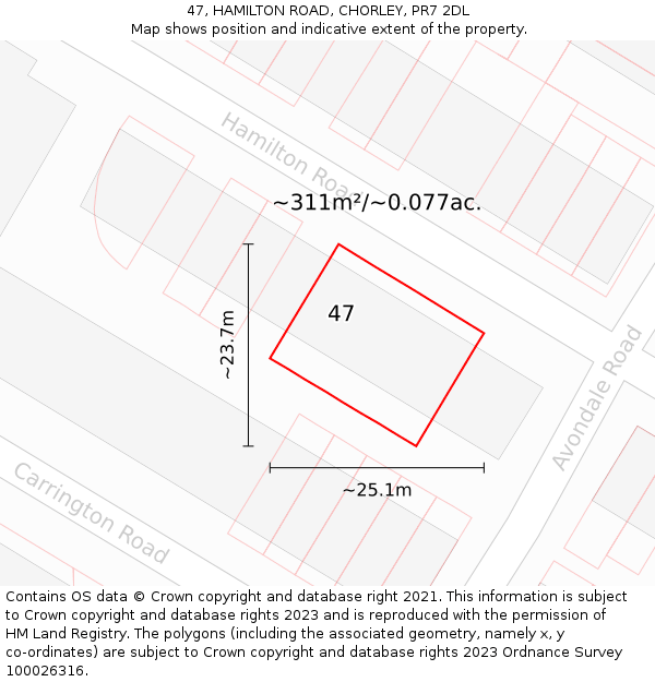 47, HAMILTON ROAD, CHORLEY, PR7 2DL: Plot and title map
